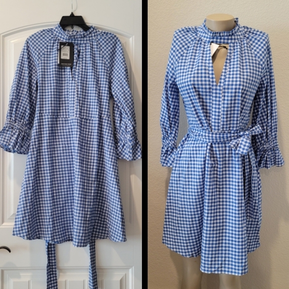 Who What Wear Dresses & Skirts - Blue Gingham Ruffle Sleeve Midi Dress M